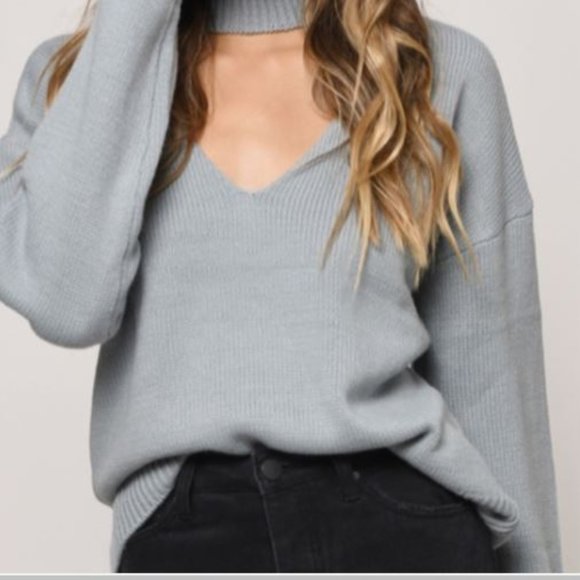 Tobi Sweaters - Tobi Dusty Blue V Neck cut out sweater